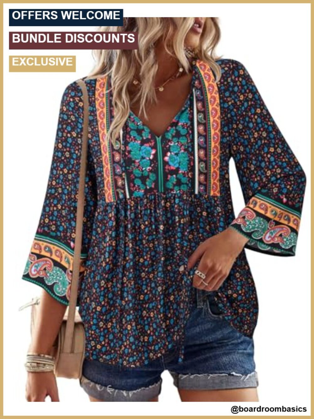 Boho Floral Paisley Blouse 3/4 Sleeve V-Neck Tie Front Women's Top